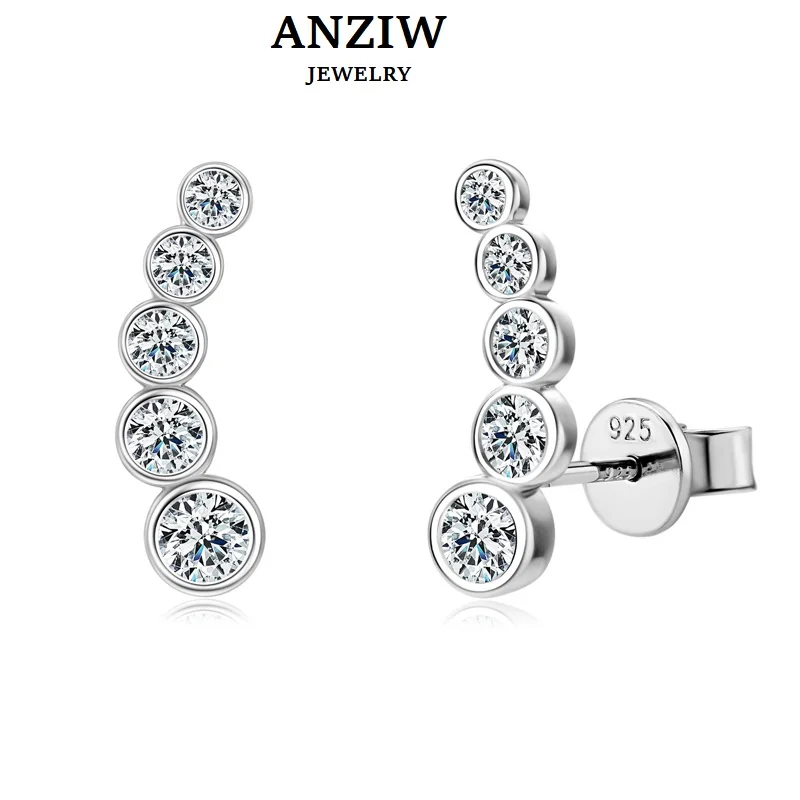 Anziw Earrings Climber with D0.43CT Bezel D Color Moissanite Piercing Studs 100% 925 Silver for Women Jewelry GRA Certificate