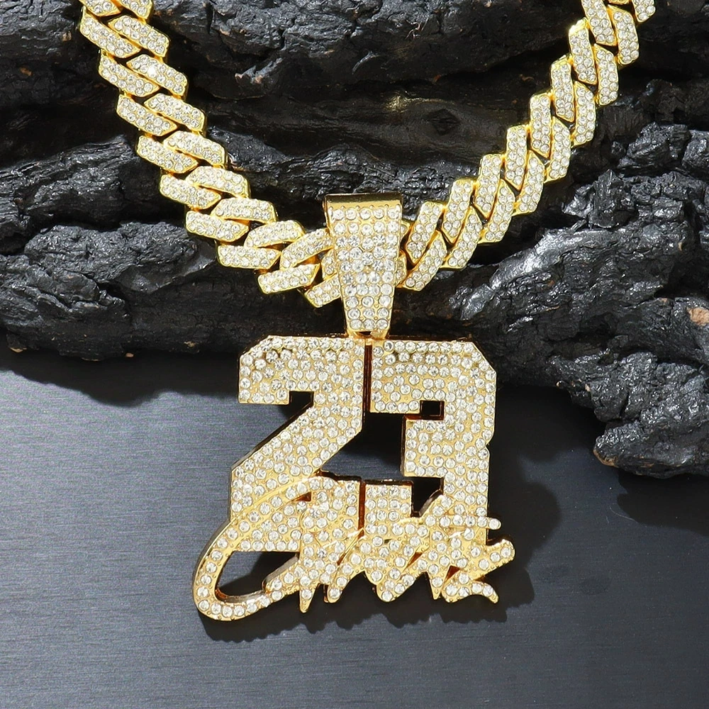 New Fashionable Men Hip Hop Number 23 Pendant Necklace With 13mm Cuban Chain HipHop Alloy Iced Out Bling Necklaces Charm Jewelry