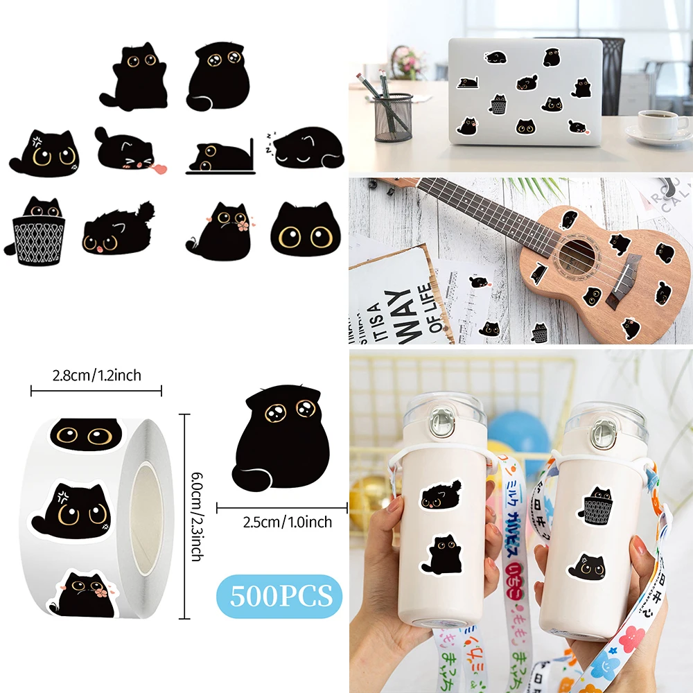

500pcs/Roll Funny Cute Black Cat Cartoon Stickers Kawaii Animal Decals DIY Laptop Luggage Sealing Sticker Reward Decals Kid Toys