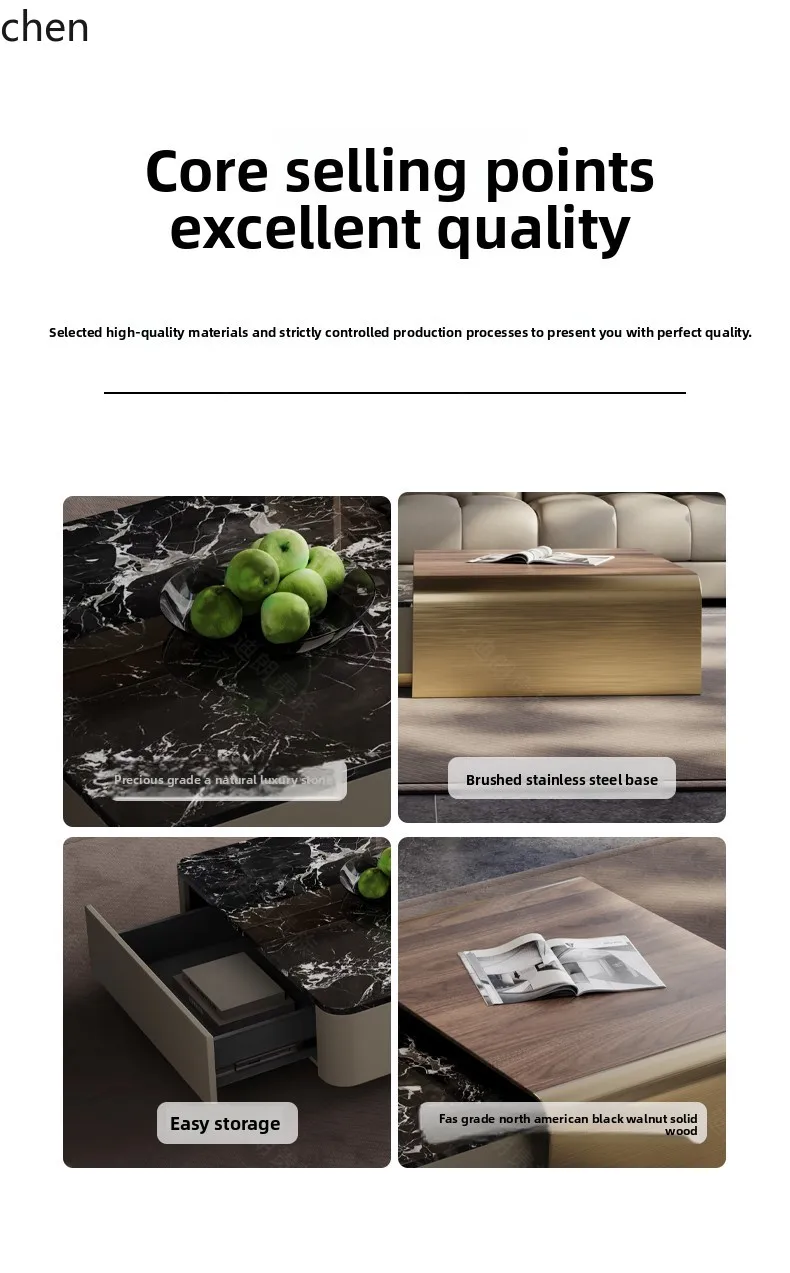 HXL Marble Coffee Table Combination Living Room High-End Black Walnut Solid Wood Coffee Table