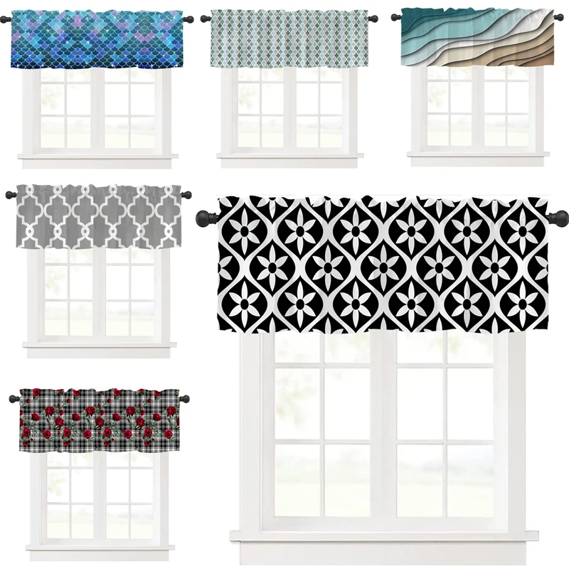 America Style Print Short Curtain Geometric Figure Half-blackout Window Curtain Kitchen Dining Room Decorative Drapes Punch-free