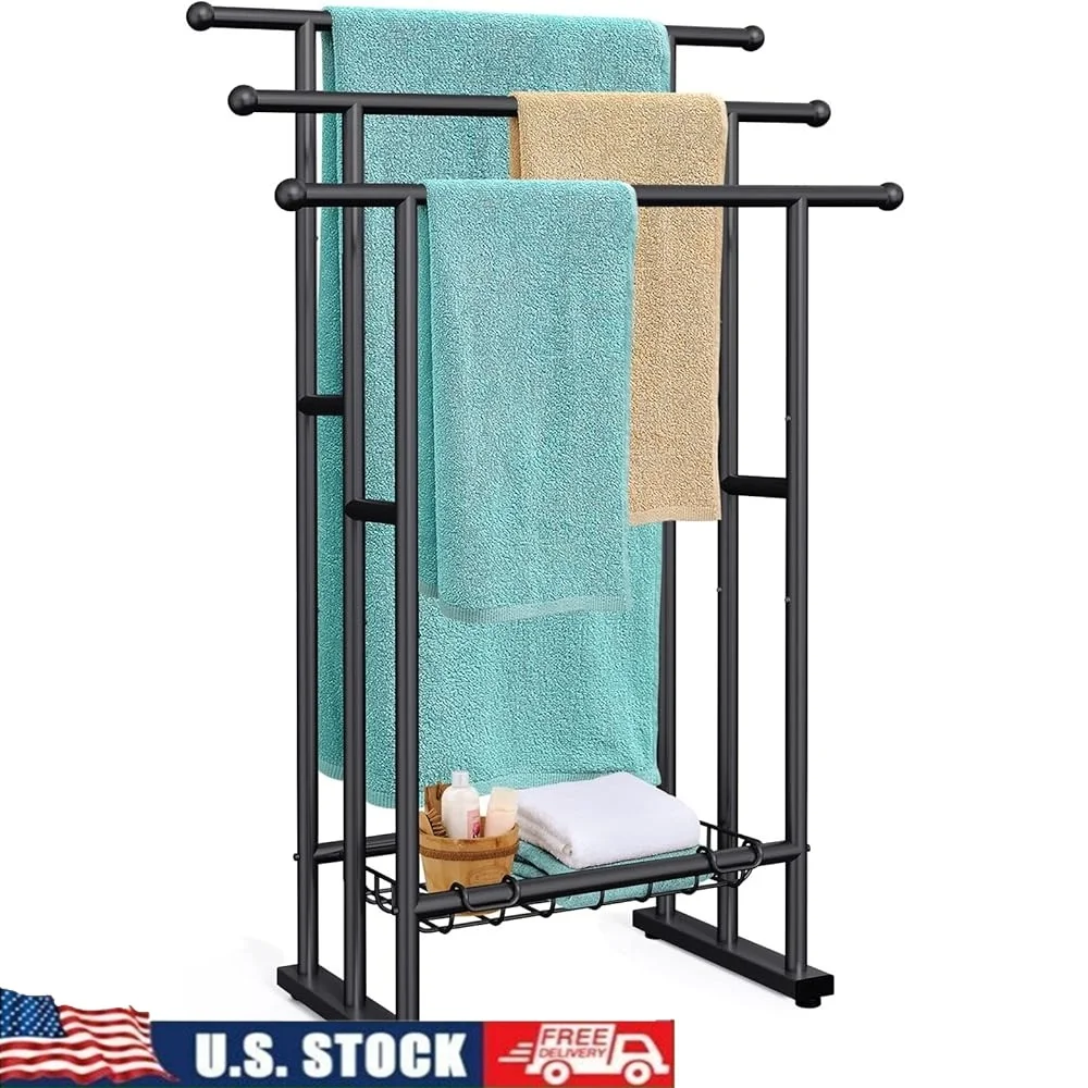 

Отдельно стоящая вешалка для полотенец 3-х уровневая стойка для хранения банных полотенец из легированной стали со съемной корзиной для использования в помещении и на открытом воздухе