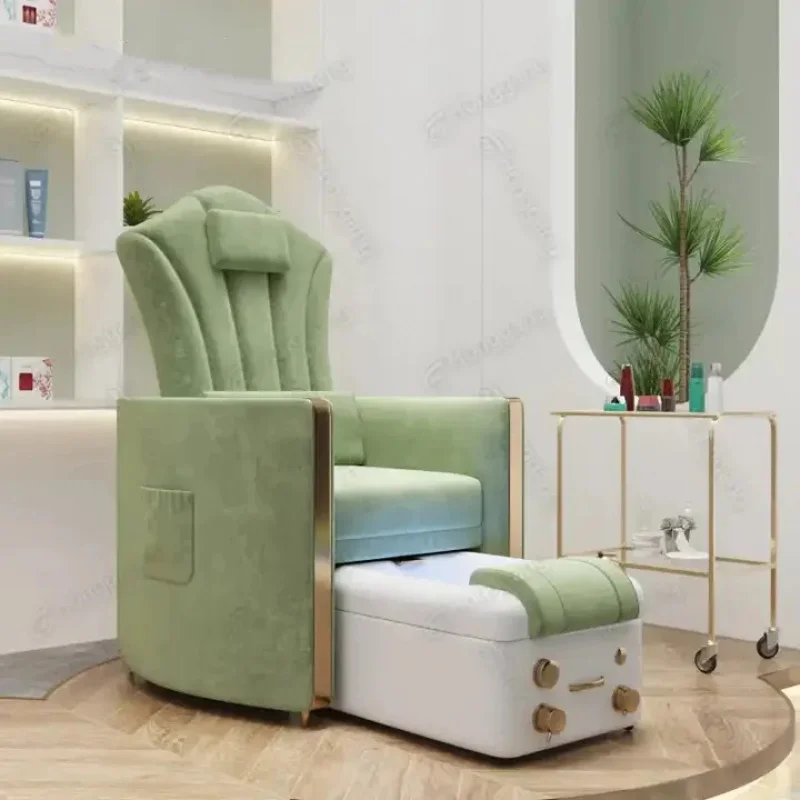 Luxury Modern New Reverse Back Green Pedicure Chair Ceramic Basin with Light Surfing Function Suitable Nail Salons