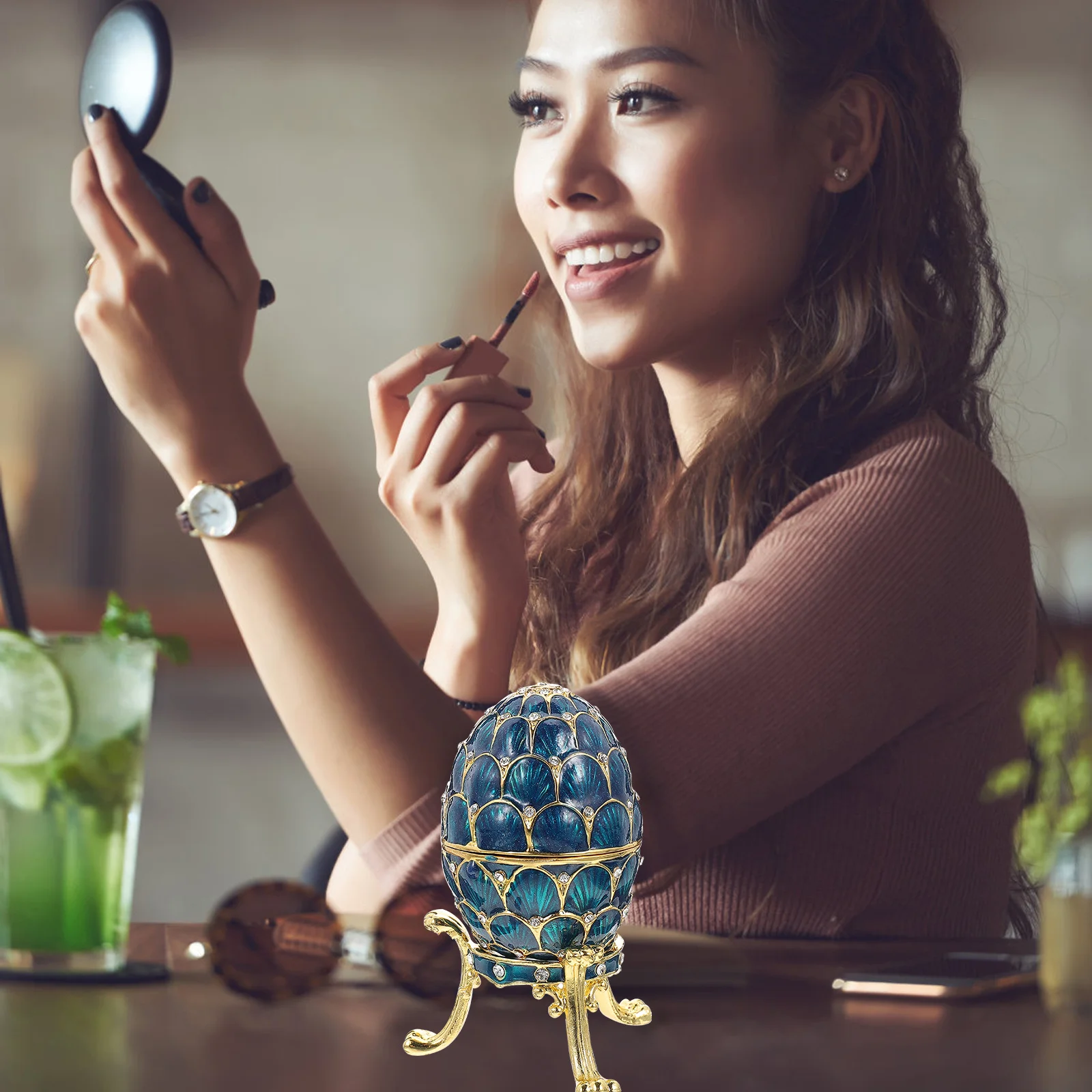 

Egg Shaped Rhinestone Jewelry Organizer Enameled Vintage Jewelry Box Decorative Trinket Storage Box Vintage Dresser Decor