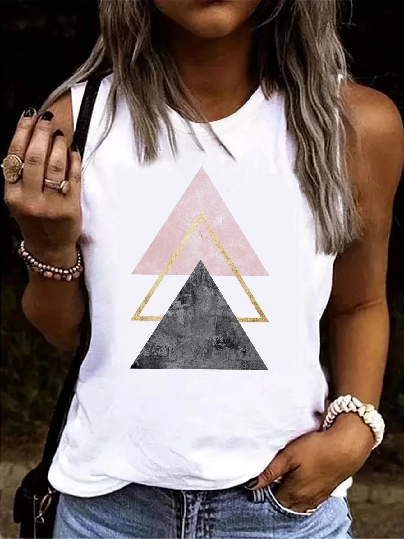 2025, Vintage-T-Shirt mit geometrischem Design, bedruckte Weste, Grafikdruck, Tank-Top, Damen, ärmellos, Rundhalsausschnitt, lässiges Oberteil