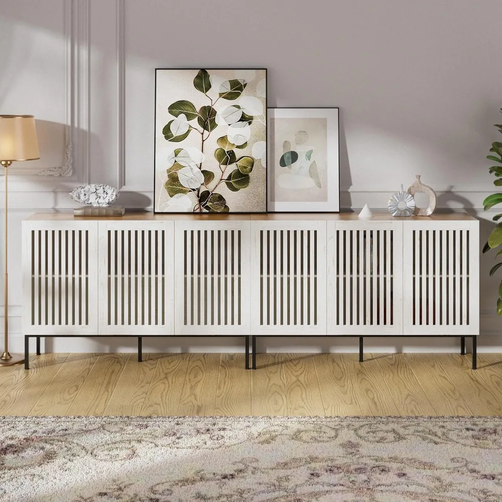 95-calowa szafka bufetowa z drzwiami z kratką, regulowanymi półkami i 6 drzwiami, kredens do przechowywania z metalową podstawą do kuchni