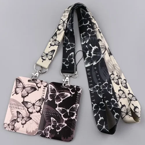 Imagen 1 del producto Cordones con correa de mariposa en blanco y negro para llaves, llavero, soporte para insignia, identificación, tarjeta de crédito, cuerda colgante, accesorios Lariat, regalos