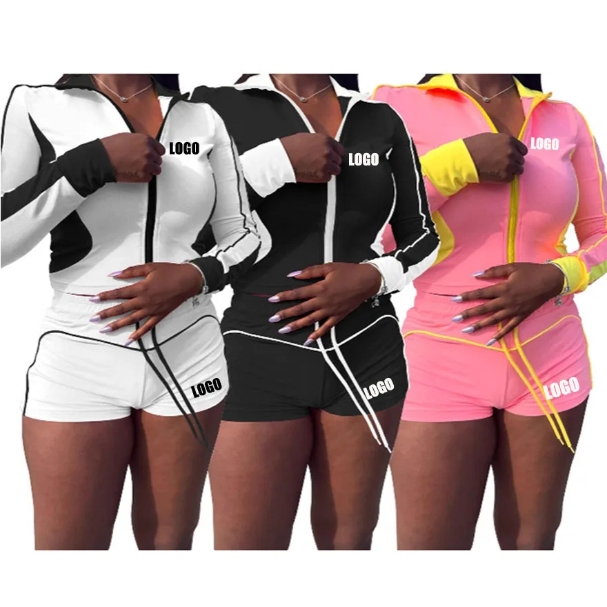 

Customized LOGO women's spring and summer contrasting color splicing pull strip long-sleeved shorts elastic sports two-piece set