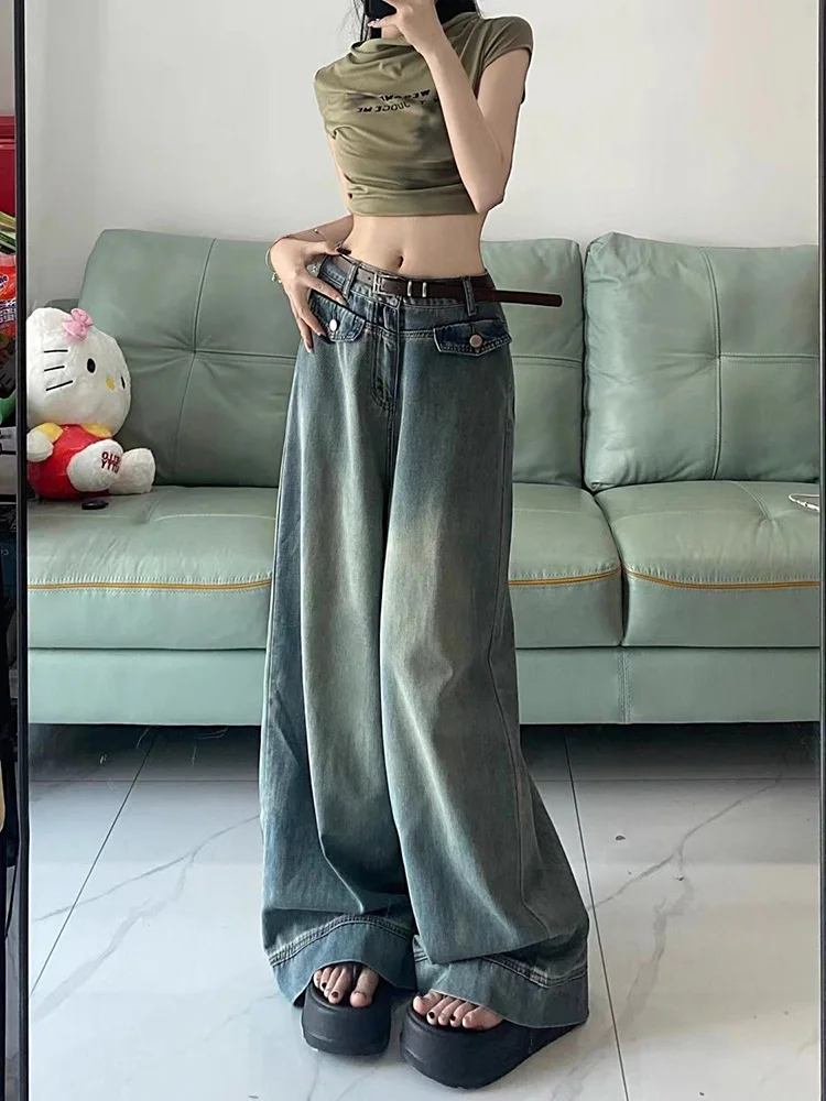 Primavera donna Vintage Y2k Jeans larghi vita alta pantaloni americani oversize Denim gamba larga Streetwear pantaloni di base dritti