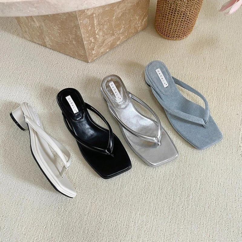 Toe Clip Women Flip Flops 2024 Summer New Fashion Casual Square Head Thick Heel Non-slip Beach Shoes Slippers for Women