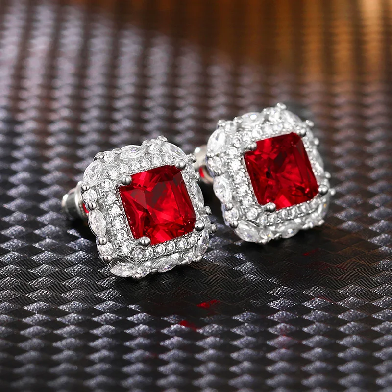 Huitan Stylish Stud Earrings Bright Red/Yellow/White Cubic Zirconia Ear Studs Female Engagement Ceremony Accessories Jewelry
