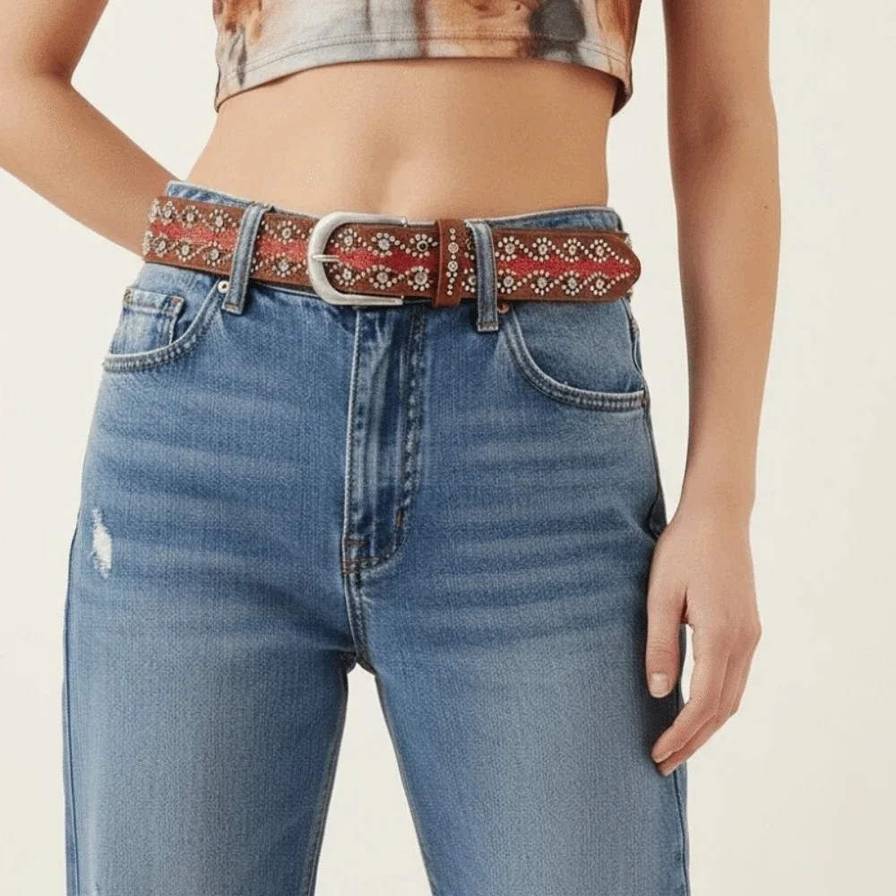 Contrast Color Y2K Punk Belt Gothic Vibe Eye Catching Western Studded Belt Texture Adjustable Length Rhinestone Waistband