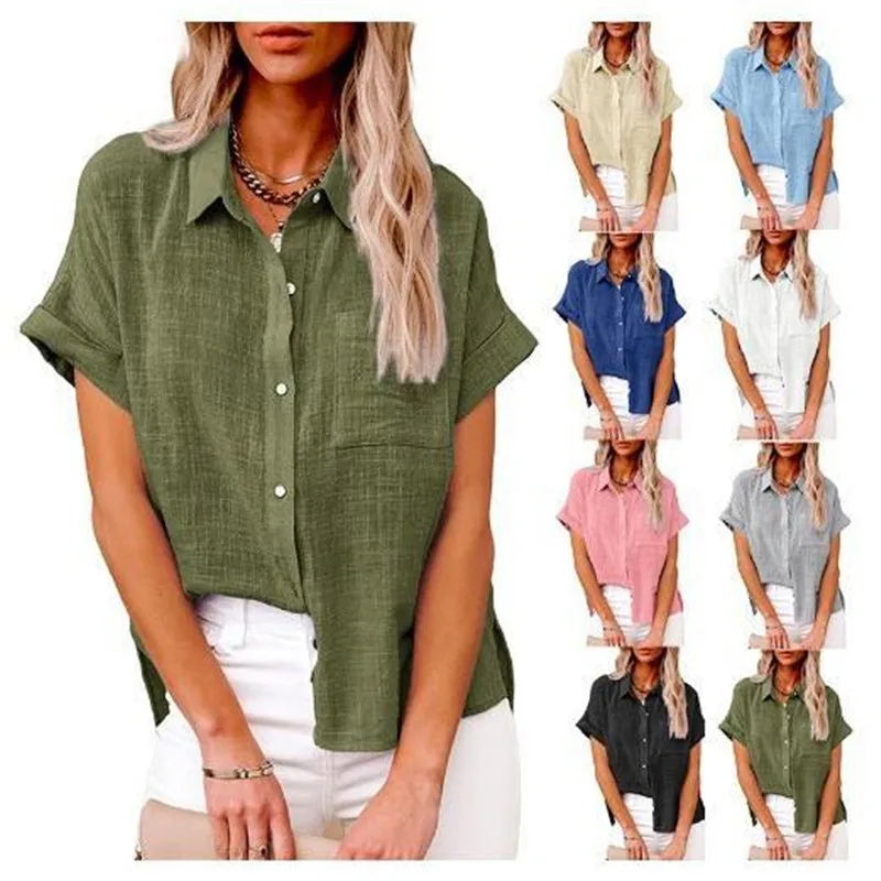 

2024 Women's Fashion Crop Poplin Shirt Women Casual Lapel Short Sleeve Pocket Front Button Versatile Female Top