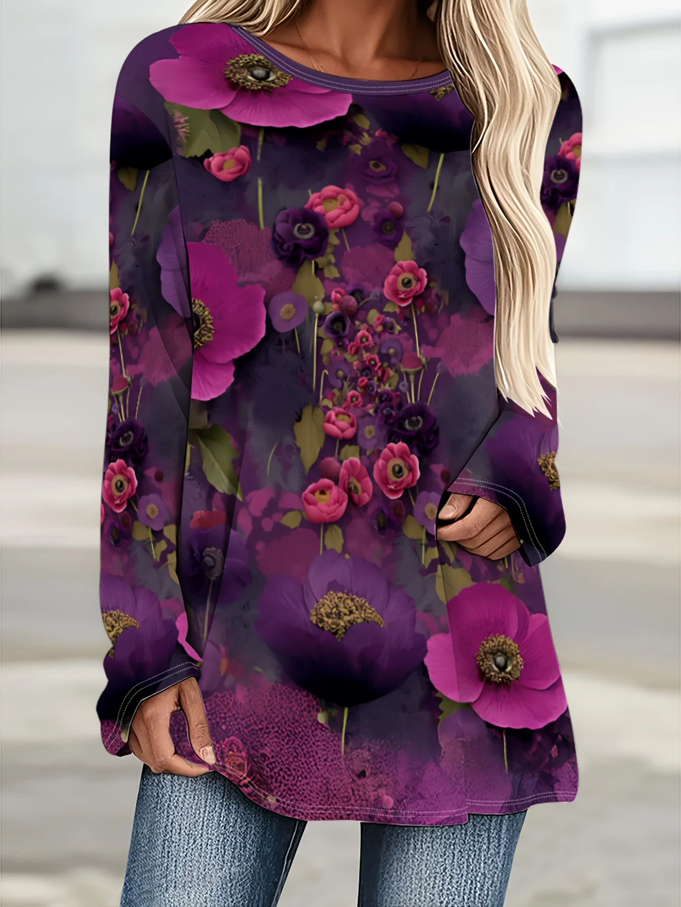 Women's Purple Floral Print Top Dark Large Flower Long Sleeve Crew Neck T Shirt