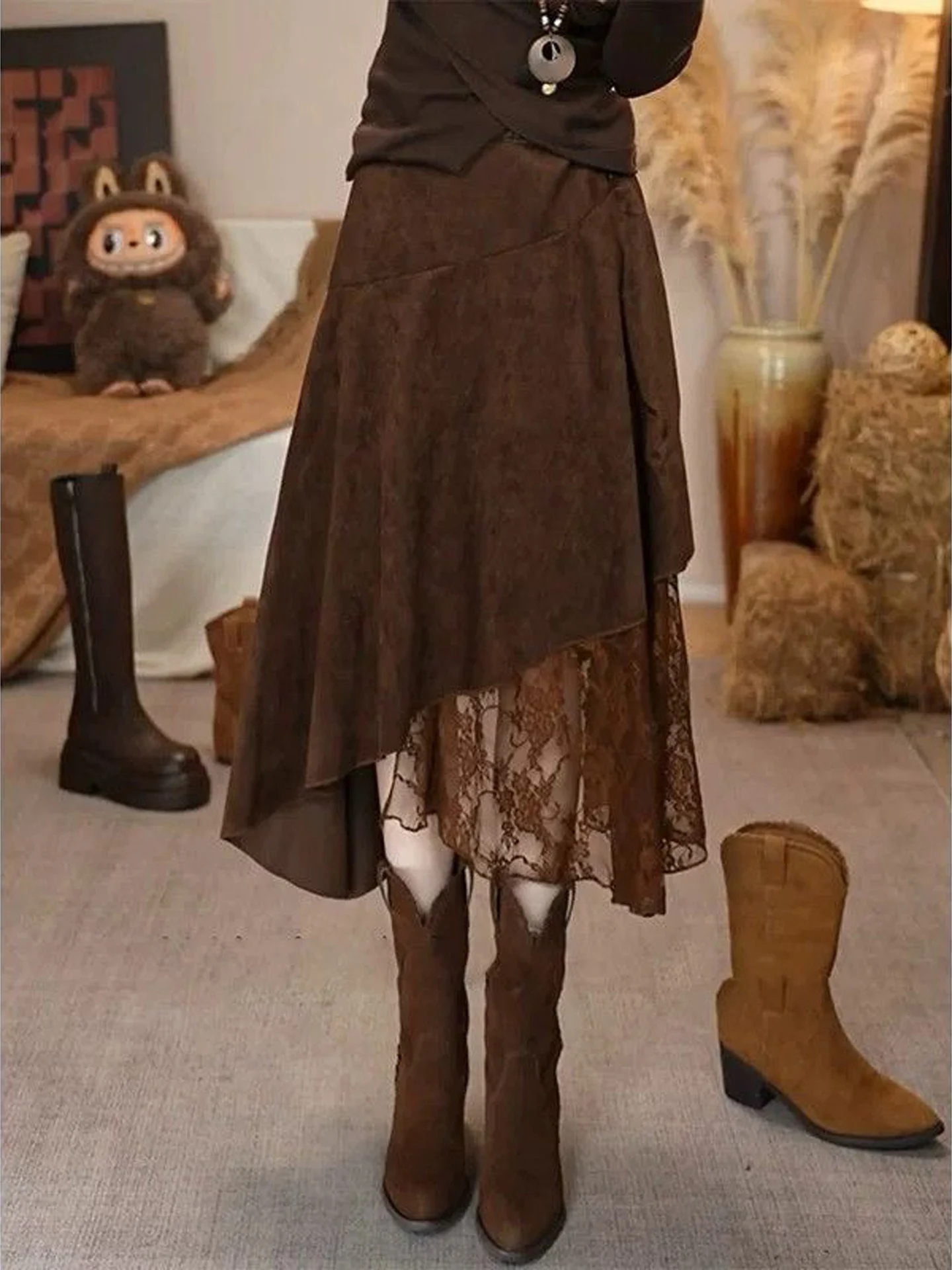 Korean Style High Waist A-Line  Skirt Women's Autumn New Splicing Mid-Length Asymmetrical Skirts Fashionable All-Match