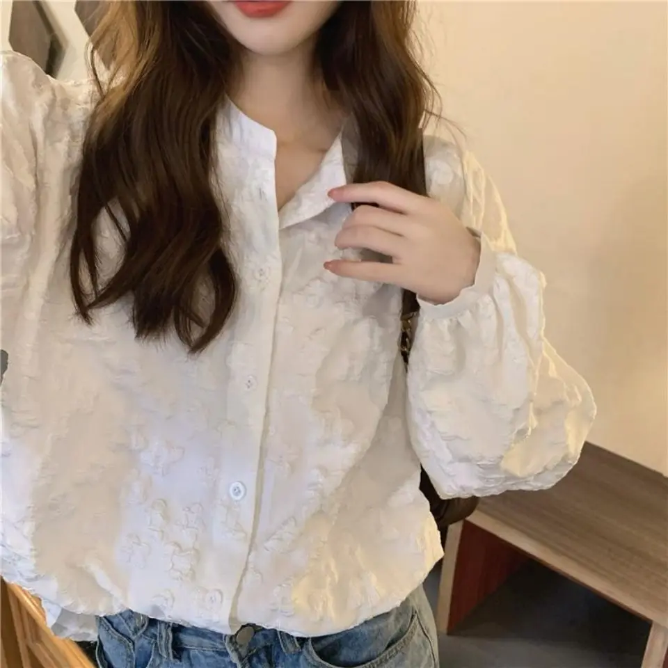 White Shirt for Women Spring Autumn New Style Gentle Lace Design Western-style Bubble Long Sleeved Shirt Top Women