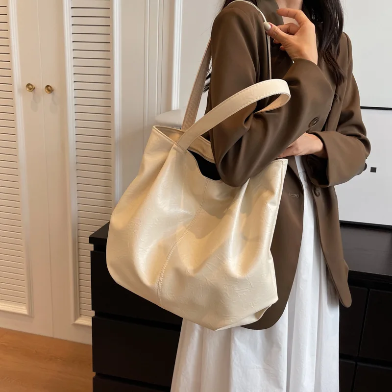 Solid Color Large Capacity Bag Women\'s Vintage Oil Wax Leather Tote Bag High Quality Shoulder Bag