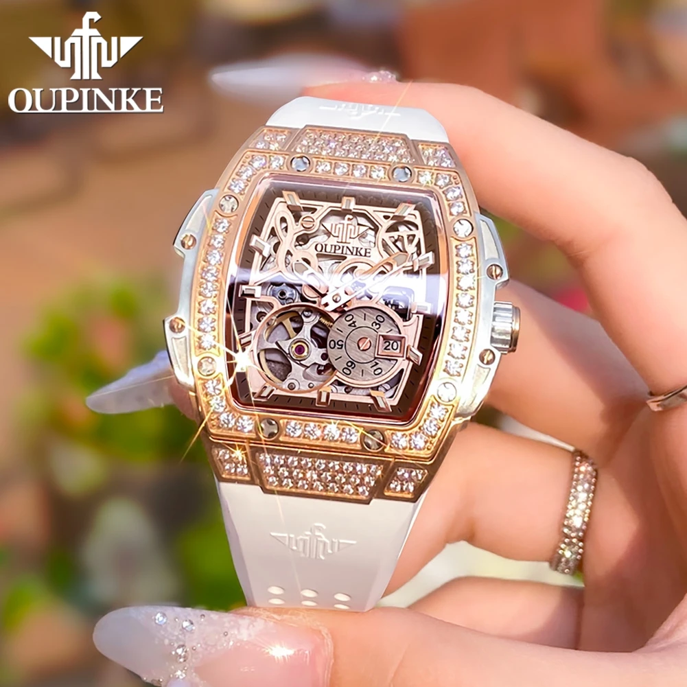 OUPINKE 3220 Volano Hollow Orologio meccanico automatico da donna Tonneau Diamond Orologio da regalo da donna con zaffiro in silicone di lusso