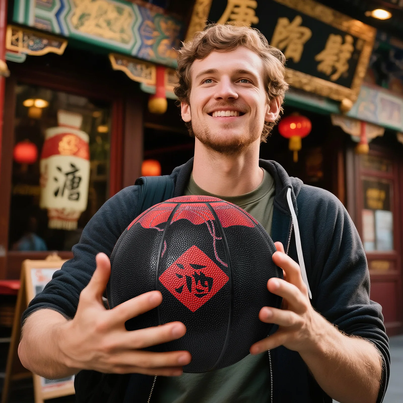 Kuangmi Chinese Vintage Wine Jar Pattern Basketball - Official Size 7 PU ทนทานในร่ม/กลางแจ้ง