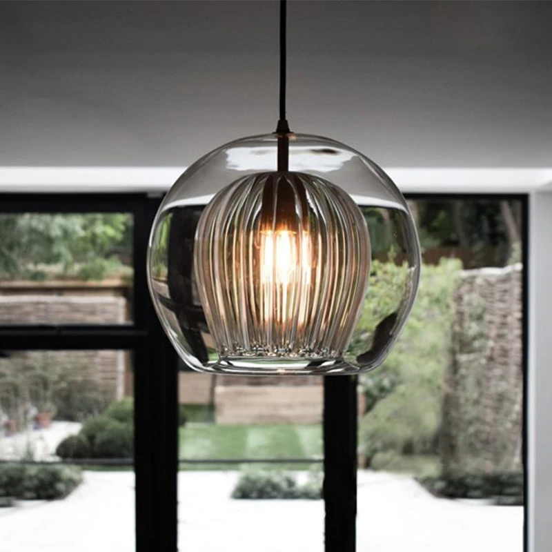 

Round Grey Clear Glass Pendant Light Loft Industrial Stylish Hanging Lamp for Kitchen Island Living Room Bedroom Bar Lighting