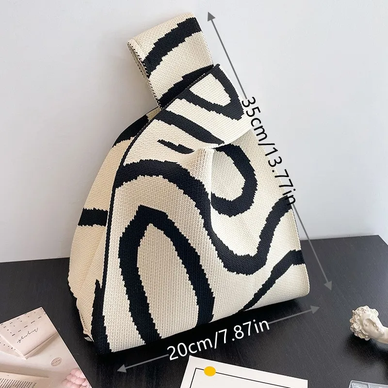 New Wide Striped Handmade Knitted Handbag Minimalist Korean Women Mini Knot Wrist Bag Tote Bag Student Reusable Shopping Bags