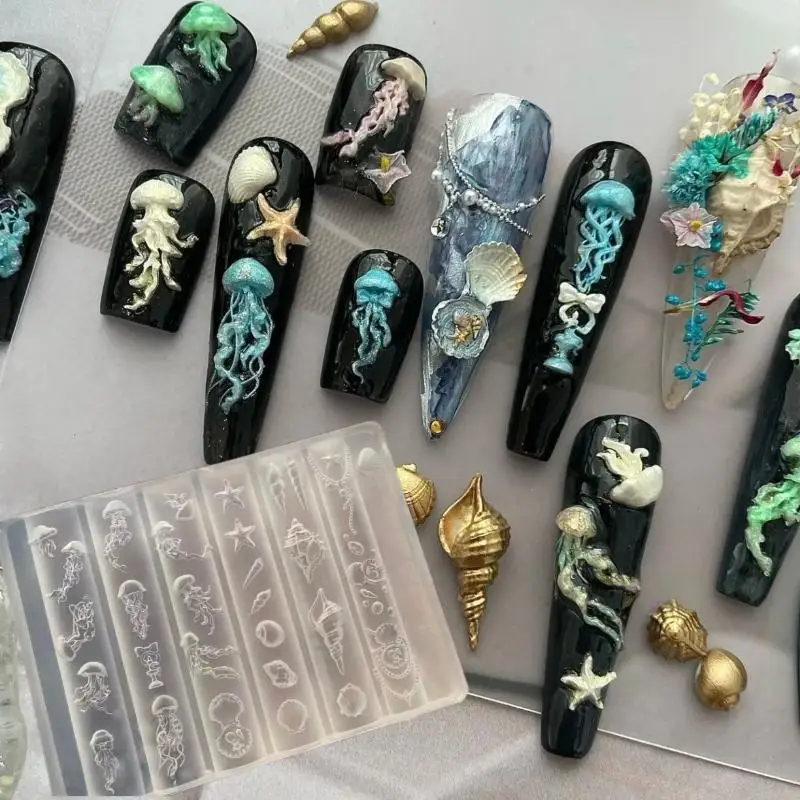 Stampo per unghie in silicone 3D serie Ocean per unghie Medusa Stella marina Conchiglia Stampi per unghie Modelli per intaglio Disegni per unghie per manicure Parti per unghie