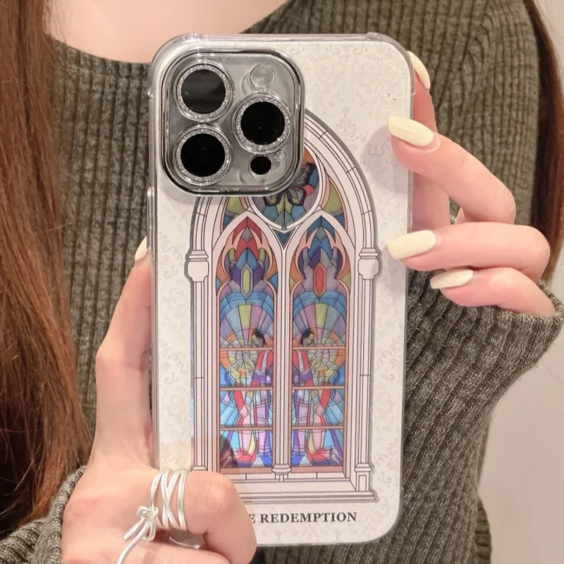 Van Gogh Style Fashion Religious Church Dyed IPhone Case 15 14 13 12 11 Pro Max Shiny Diamond Glass Film Silicone Soft Cover