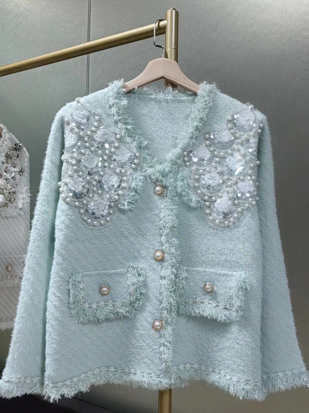 Real Photo Luxury Pearls Beaded Sequined Stitch Knitwear Cardigan Coat For Women 2024 Autumn Winter Sweater Outwear Jackets