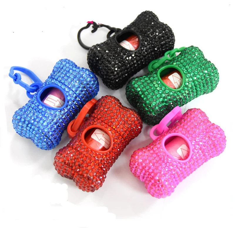 Bling Rhinestone Pet Garbage Bag Dispenser Dog Poop Garbage Stand Portable Cat Poop Storage Box Animals Articles Dog Supplies