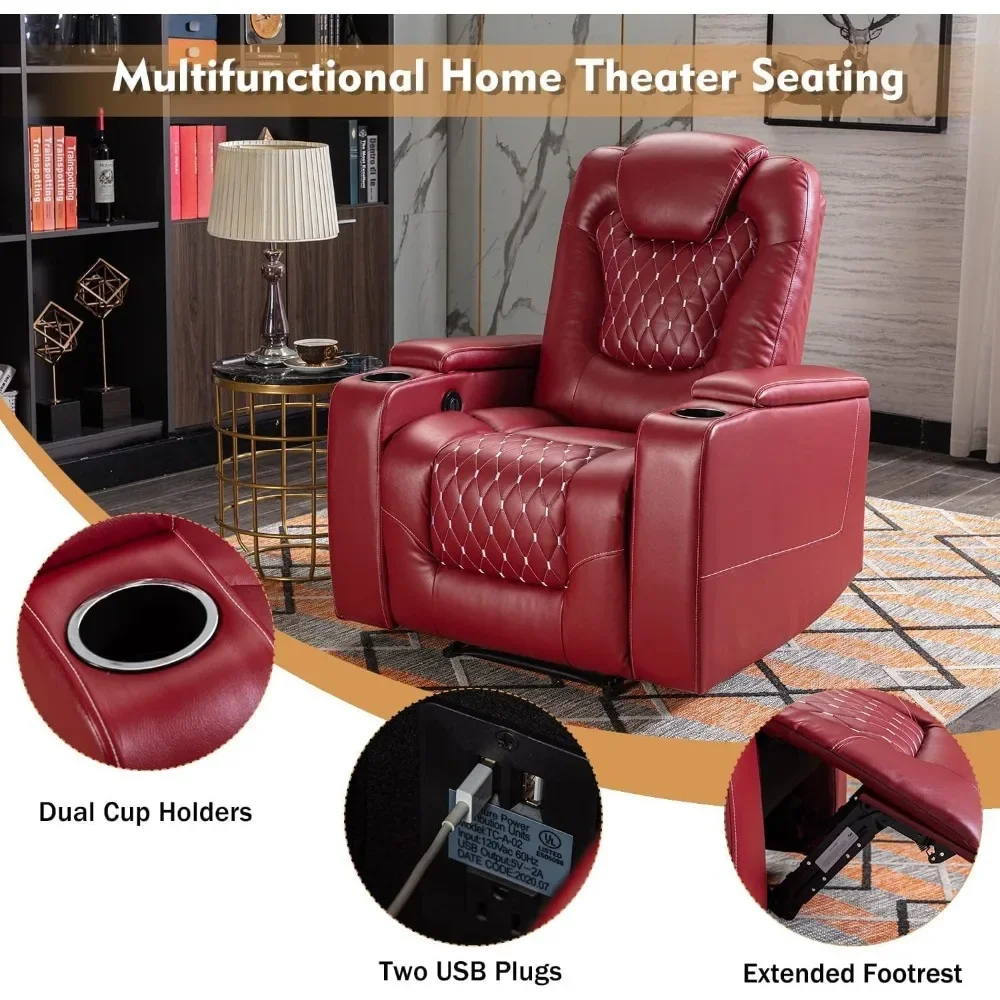 Power Recliner Chair With USB Ports And Cup Holders - Overstuffed Electric Home Theater Seating PU Leather Reclining Furnitu image 3