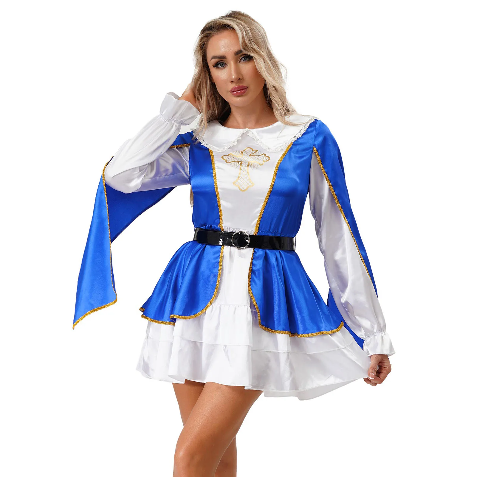 فستان نسائي كوسبلاي من Musketeer Queen وحزام خصر ملابس الهالوين في القرون الوسطى وعصر النهضة تراكب بحاشية متدرجة فستان