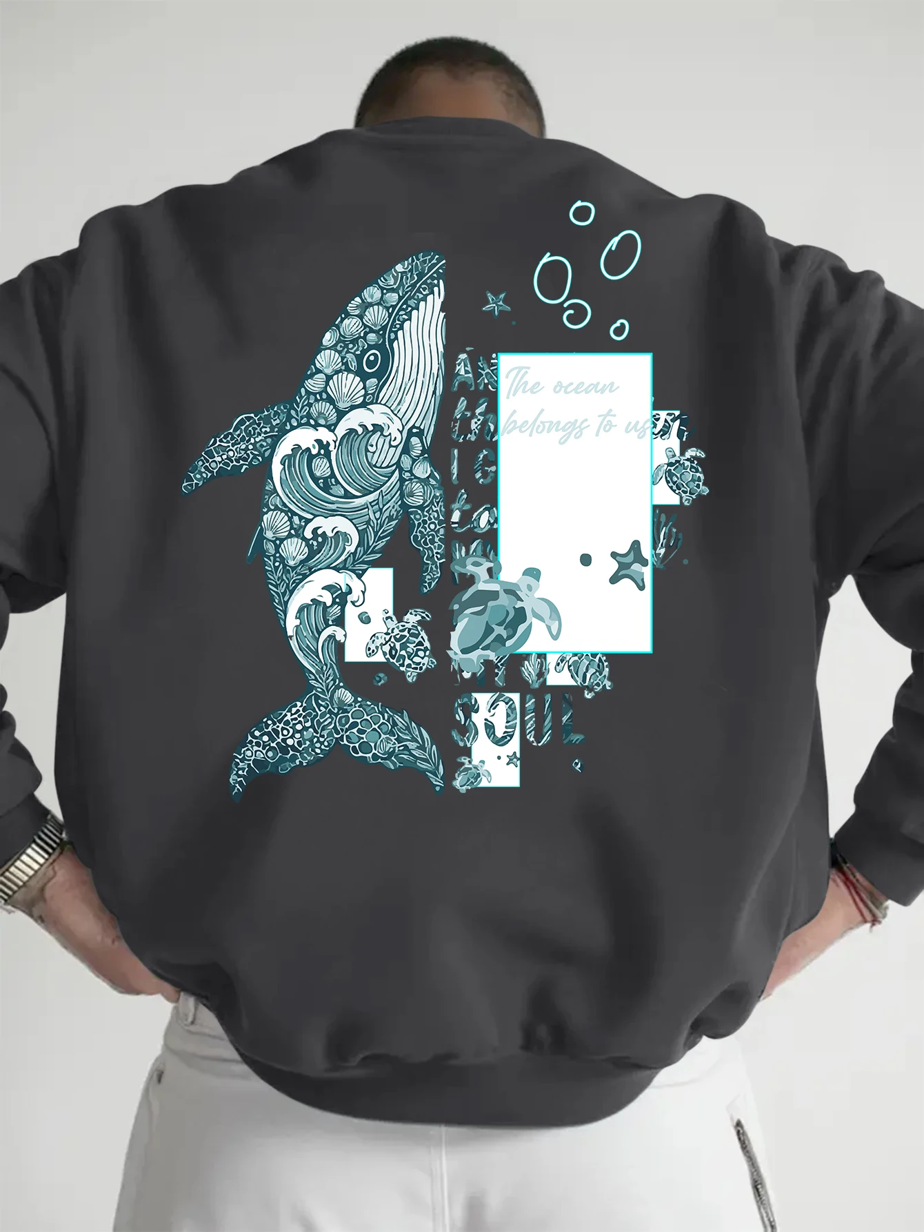 Ocean Whale & Sea Turtle Art Print Men Crew Neck Sweatshirt Back Graphic Loose Long Sleeve Pullover Crew Neck Casual Sweat Top