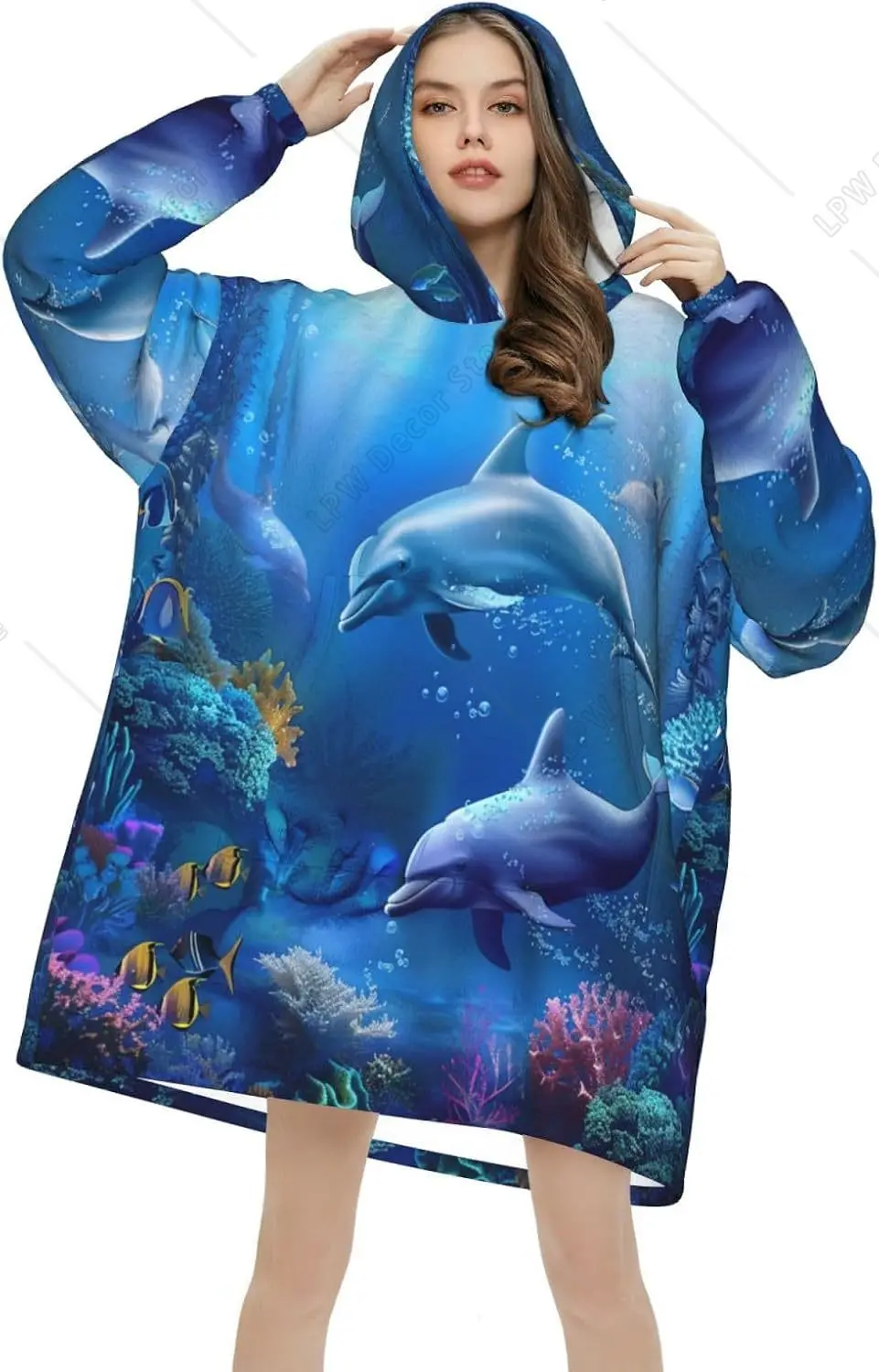 Sea Ocean Dolphin Wearable Blanket Hoodie For Women Men Adults Oversized Sweatshirt Blanket Hooded  With Pocket