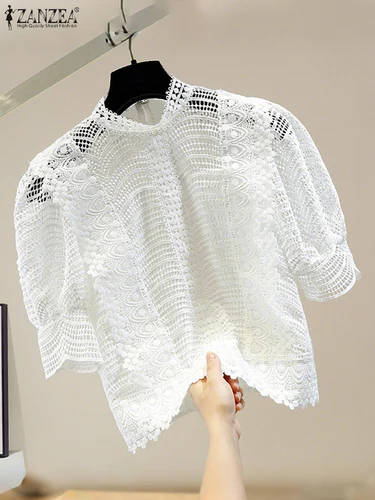Imagen 2 del producto ZANZEA elegante Blusa de encaje 2025 verano media manga abombada mujeres suelta moda cuello redondo transparente Casual Oficina señora camisas Tops