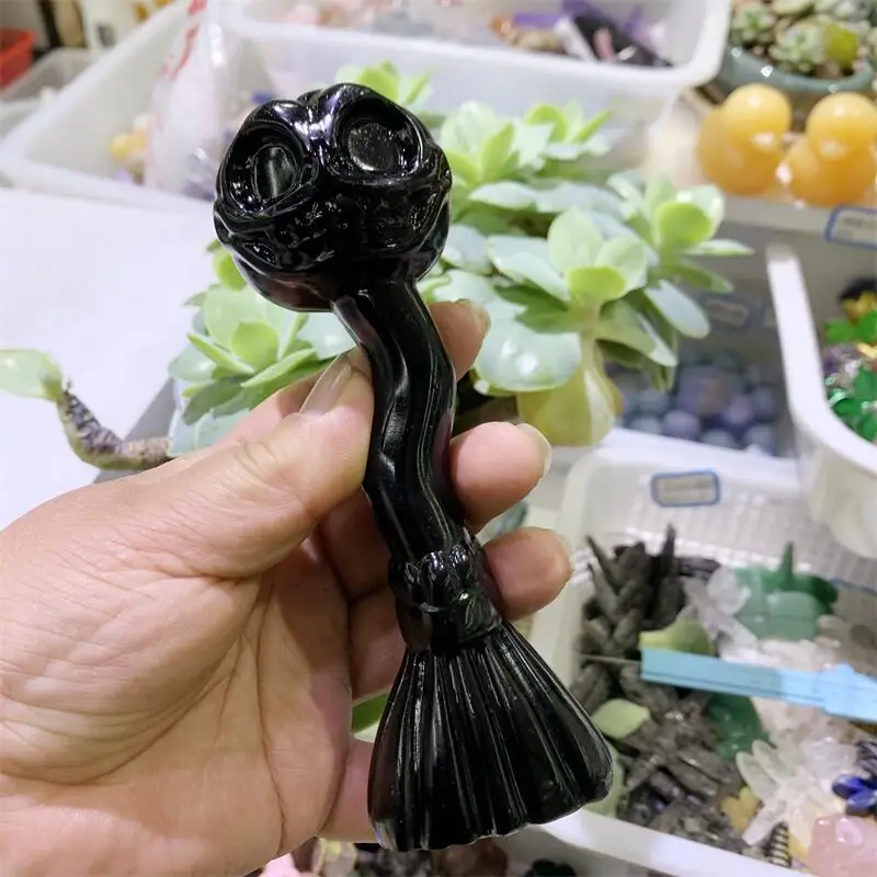 Natural Black Obsidian Halloween Broom Pumpkin Skull Carving Reiki Healing Fengshui Stone Gift Home Office Decoration Gift