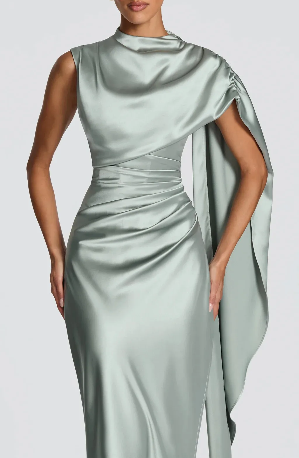 Women High Neck Satin Mermaid Evening Dress Cape Sleeve Draped Ruched Corset Lace‑Up Back Long Formal Bridesmaid Gown view 5