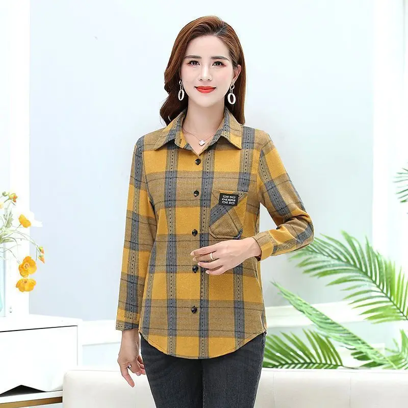 Women Spring and Autumn Fashion New Polo-Neck Thin Shirt Plaid Button Pockets Splicing Loose Commute Versatile Long Sleeves Tops