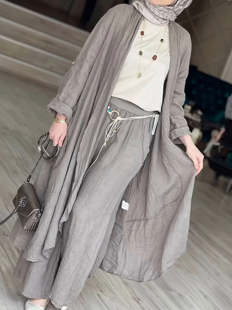 2 Piece Long Sleeve Maxi Shirts+Wide Leg Pants Eid Muslim Women Elegant Sets Abaya Dubai Turkey Islamic Casual Tops Solid Outfit