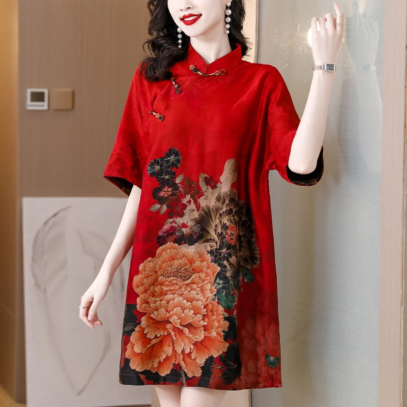 Spring and Summer 2023 New Westernized Red Print Retro Dress Women's Chinese Loose Large Medium Long Dress Gown