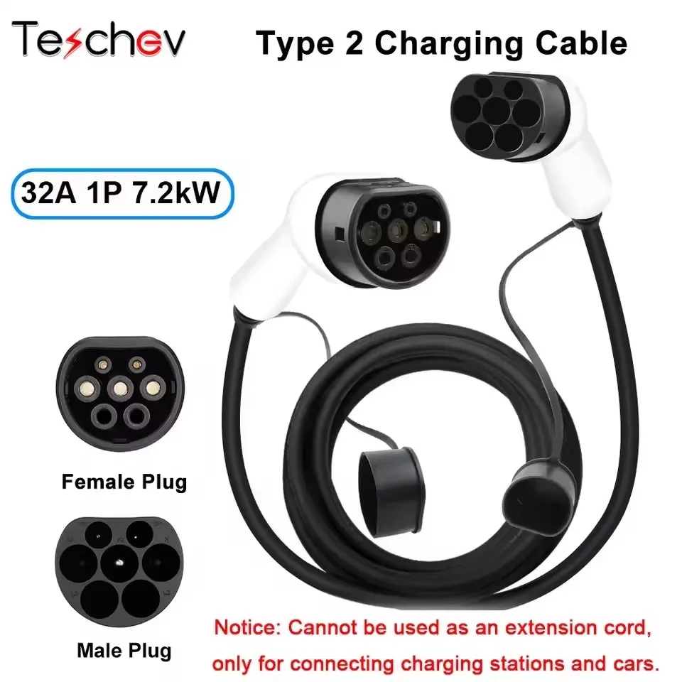 Teschev 16A/32A 11kW Type naar Type2 EV-oplaadkabel IEC 62196-2 oplader voor PHEV elektrische voertuigen in openbare stationen