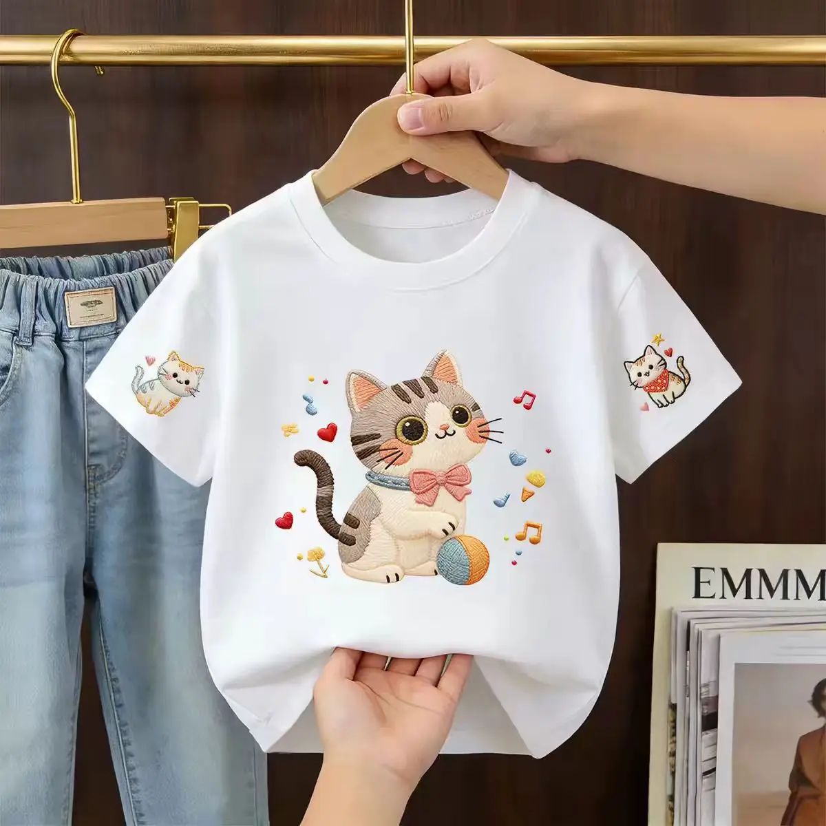 2026 Summer Children's Short-Sleeved Cute Cartoon Cat Print Baby Soft Cotton Multi-Purpose Loose-Fitting Breathable T-Shirt