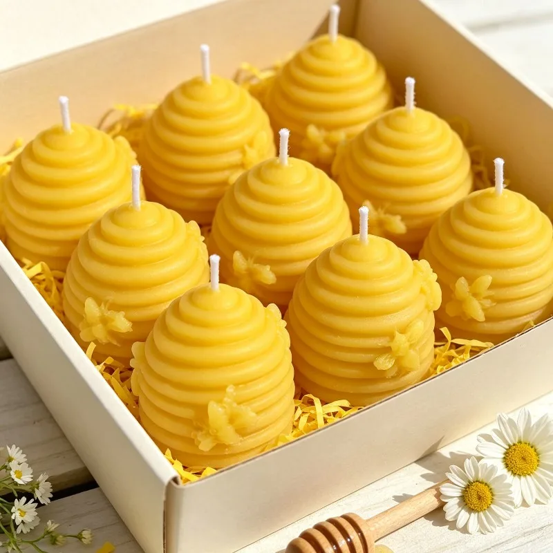 Beeswax-themed egg-shaped scented candles, available in packs of 3/6/9 with individual packaging, display card decorated candles