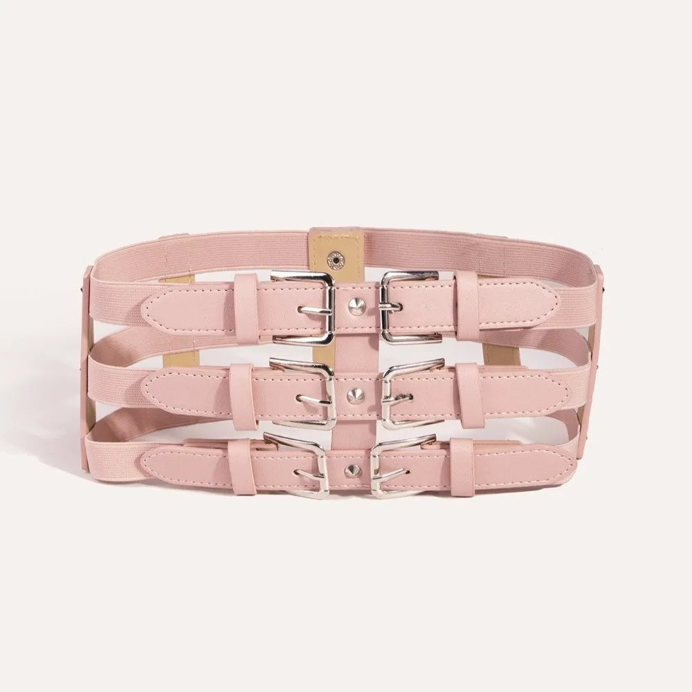 High Quality Three Row Buckle Waistband Belt Wide Punk Style Elastic Waist Belt Versatile Slim Fit Women's Waist Belt for Women