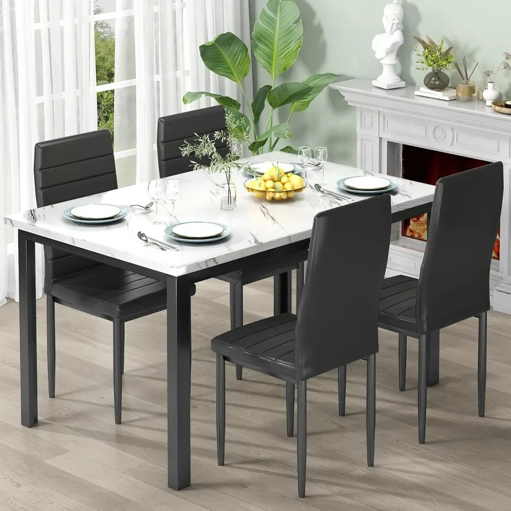 5 Piece Dining Table Set,Small Dining Table Set for 4, Faux Marble Dinner Table Set with 4 Upholstered ,  (White & Black)