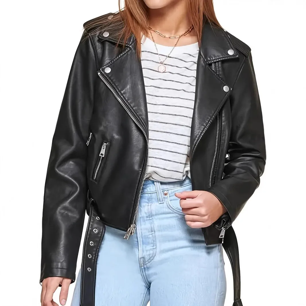 Nueva chaqueta de cuero PU diagonal para mujer para comercio exterior, traje de motociclismo retro, chaqueta de cuero con solapa negra