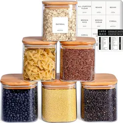 Square Glass Jars Set with Minimalist Pantry Labels, Square Pantry Jars with Bamboo Lids and White Customized Sticker Labels