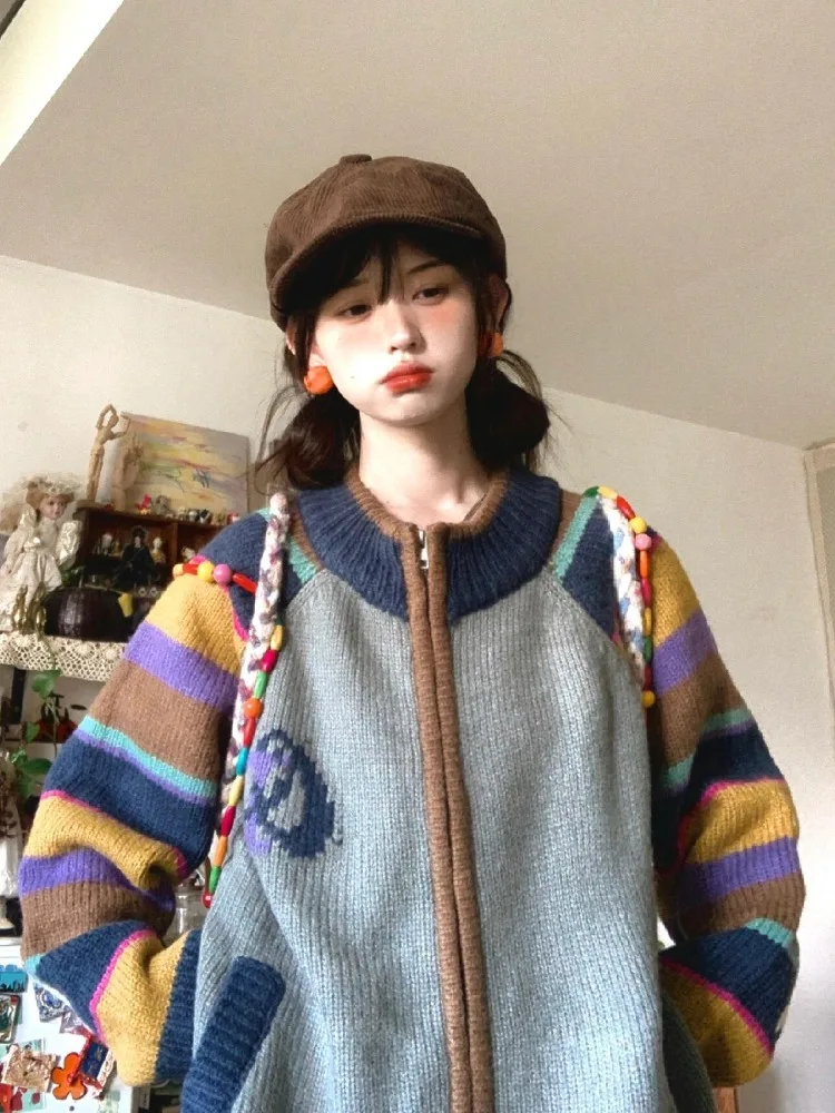 Korobov Vintage Contrast Color Rainbow Striped Sweater Female Pull Femme Knitted Cardigan Crew Neck Zipper Loose Thicken Coat