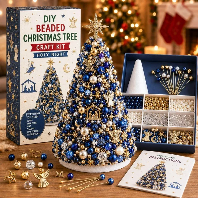 DIY Beaded Christmas Tree Craft Kit, Nutcracker Magic Mini Desktop Christmas Tree Making Kit, Complete Beads and Nutcracker Ornaments Christmas Desktop Home Decoration Supplies 4