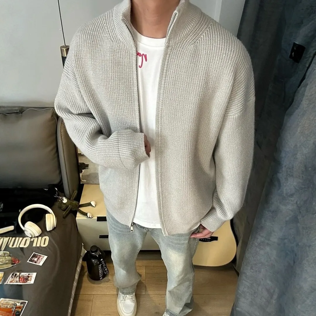 American High Street New Men Stand Collar Zipper Long Sleeve Solid Color Simple Basic Casual Trendy Knitted Sweater Cardigans