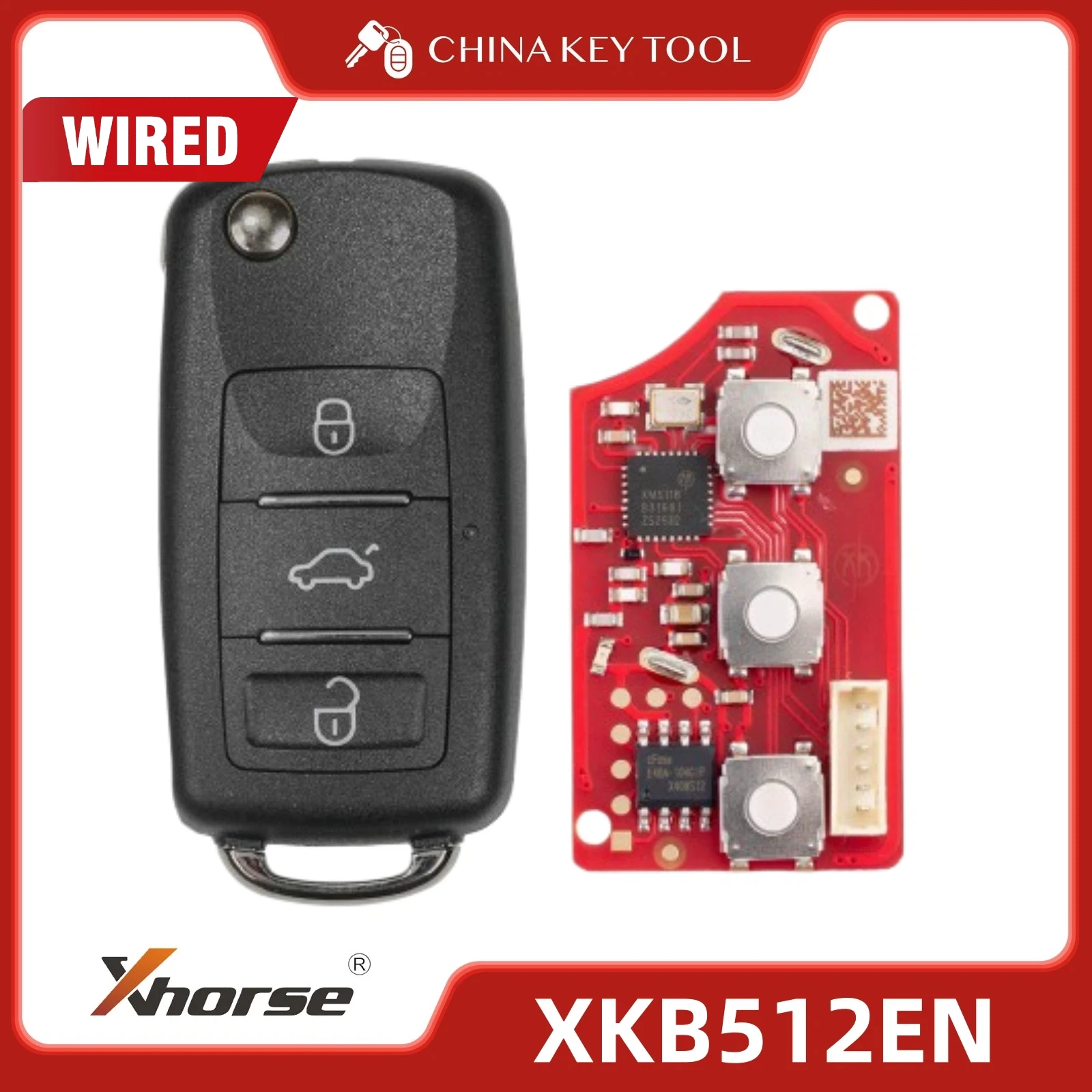 XHORSE XKB512EN V2 Wired Remote Key 3 Buttons B5 Flip Style 2nd Gen Waterproof English Version XM5118 Chip Support Wireless